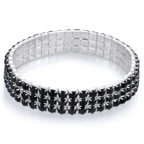 1928 Jewelry - 2028 JEWELRY Mod Silver/Jet Black Rhinestone Crystal 3 Row Stretch Bracelet**NEW